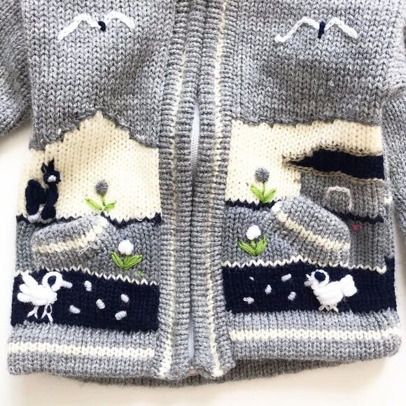 Hand knit farm scene hooded sweater looks 2/3T - Picture 3 of 4